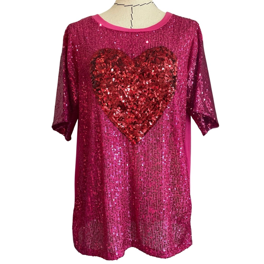 BiBi Pink Red Sequin Heart‎ Top Short Sleeve Shirt Valentine's Day Sparkling Top